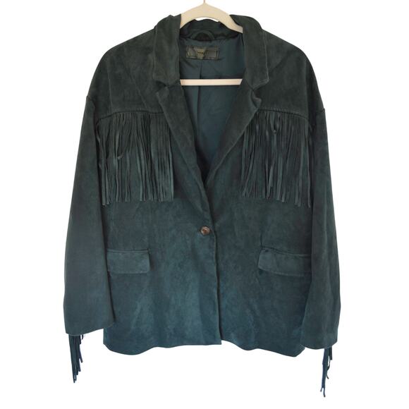 Blank NYC Faux Suede Fringe 'Deep Dive' Green Blazer Jacket Size Medium - Picture 4 of 8